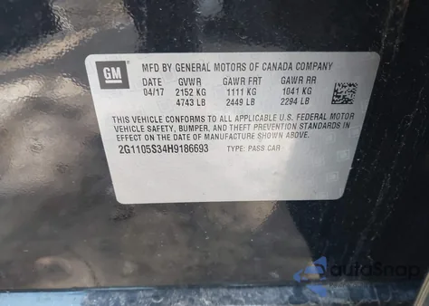 2017 Chevrolet Impala 1Lt from USA, damaged, VIN 2G1105S34H9186693